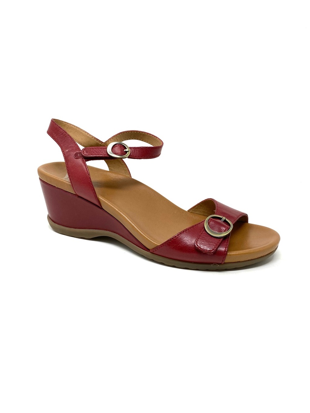 Dansko Arielle Red Glazed Kid Leather open-toe, strappy wedge sandals